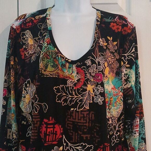 Investments black Asian Orient print long sleeve blouse Sz XL - Picture 3 of 8